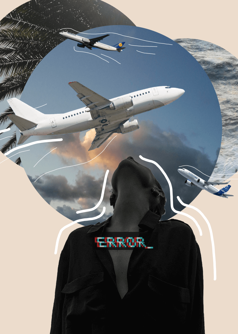 Collage mit Kreisen, Flugzeugen und einer Person, die nach oben blickt