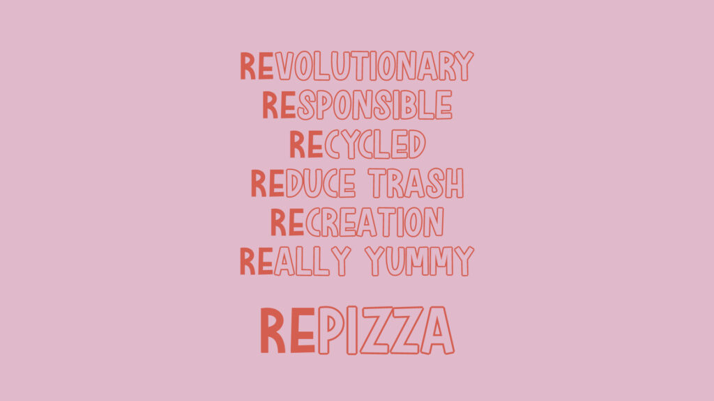 Liste von Wörtern in freundlichen Großbuchstaben, die an Handschrift erinnen. Die erste Silbe ist jeweils hervorgehoben: Revolutionary, responsible, recycled, reduce trash, recreation, really yummy, Repizza.