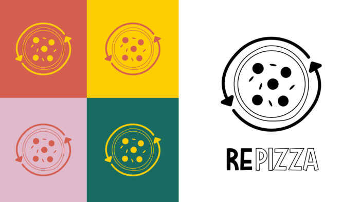 Zweigeteiltes Bild. Links: Vereinfachte Darstellung einer Pizza und zwei Pfeilen, die dem Umriss folgen. Vier verschiedene Farbschema: Gelb auf rot, rot auf gelb, rot auf pink, gelb auf tannengrün. Rechts: Das Logo in Schwarzweiss, darunter in freundlichen Großbuchstaben: REPIZZA.