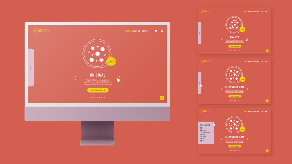 Mockup eines Desktop-Computers zeigt Webseite mit rotem Hintergrund und gelber und weißer Schrift. Rechts weitere Screenshots.