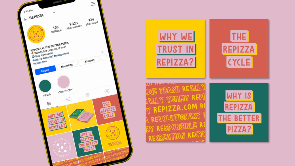 Links: Mockup eines Smartphones zeigt das Repizza Instagram Profil. Rechts vier Insagram Posts mit den Titeln: Why we trust in Repizza? / The Repizza Cycle / Repizza.com / Why is Repizza the better Pizza?