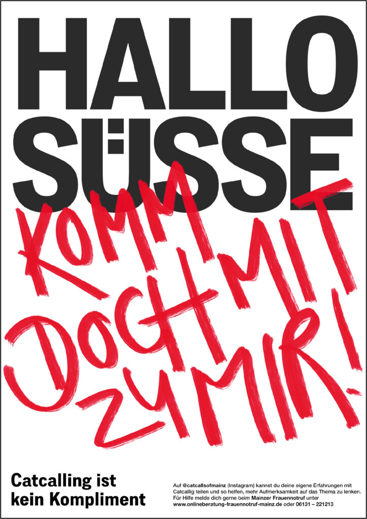 Plakat. Oben in schwarzer, fetter Schrift: Hall Süße. Unten in grobem. rotem Lettering: Komm doch mit zu mir!