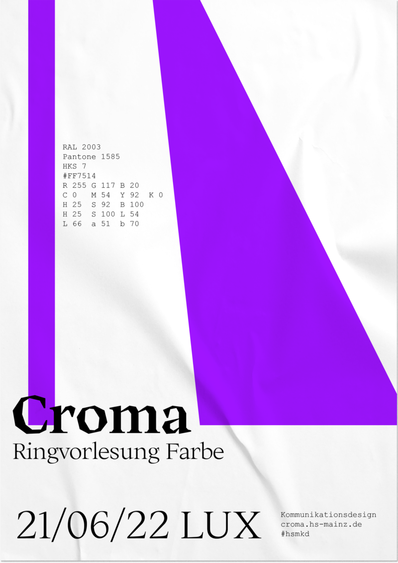 Plakat, zwei violette Farbflächen auf weißem Grund, Farbinformationen in Monospace-Font, Titel des Plakates