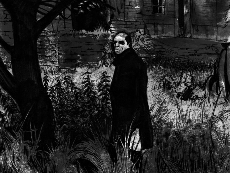 schwarz-weiße Zeichnung eines Filmstills von
